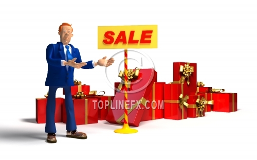 Cartoon salesman showing different gifts
